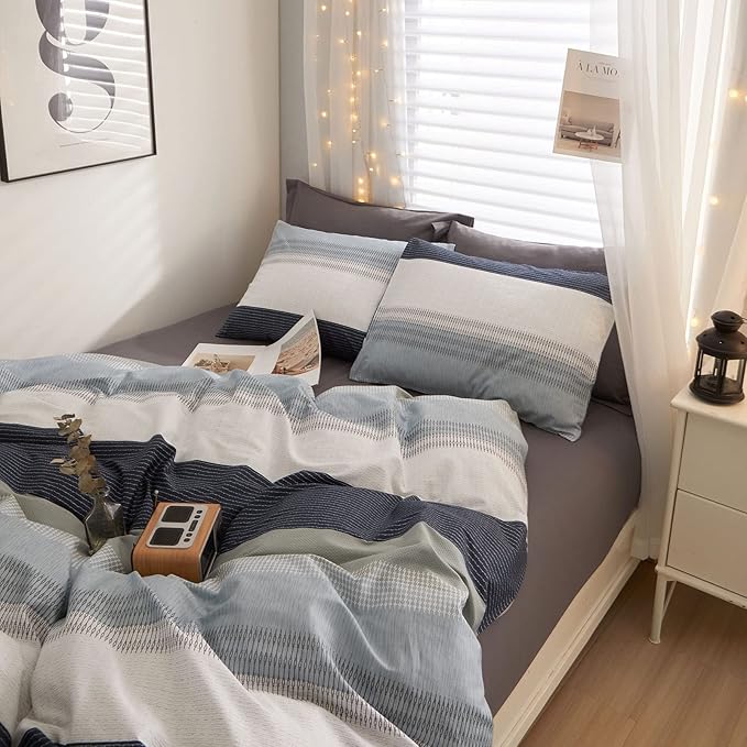LifeTB 100% Cotton Boy Stripe Duvet Cover Twin White Blue Gray Stripe Comforter Cover Modern Soft Geometric Stripe Bedding Set Simple Style Men Adults Duvet Quilt Cover with 2 Pillowcases