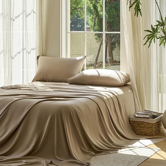 DOZ Sheet Set, 100% Viscose derived from Bamboo, Organically Grown, Buttery Soft, Cooling Sheets, High GSM, Deep Pockets - 3 Piece - 1 Pillowcase 1 Fitted Sheet 1 Top Sheet (Dune, Twin)