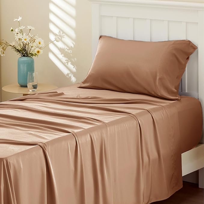 Bedsure Cooling Sheets Twin XL, Rayon Derived from Bamboo, PureWoven, Breathable & Soft Twin XL Sheet Sets, Deep Pocket Up to 16 Inches, Hotel Luxury Silky Dorm Bedding for Hot Sleepers, Khaki