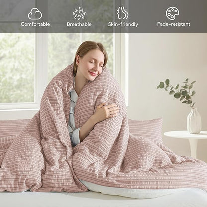 MILDLY Jacquard Stripe Duvet Cover - 100% Washed Cotton Pale Mauve Boho Textured Comforter Cover Set with Zipper Closure 68"x90"