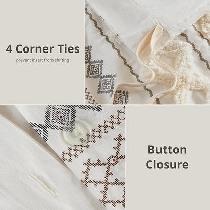 INK+IVY Imani 100% Cotton Duvet Mid Century Modern Design, All Season Comforter Cover Bedding Set, Matching Shams, King/Cal King, Ivory Chenille Tufted Accent 3 Piece