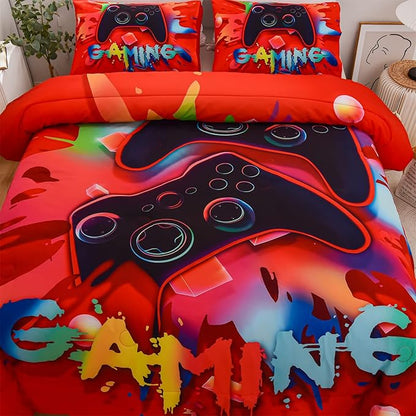 Aimuan Gaming Comforter Sets for Boys Kids Bedding Sets Video Games Console Action Buttons Novelty Colorful Game Gamepad Controller Modern Gamer Room Decor Home Quilt Set (Twin, Red)