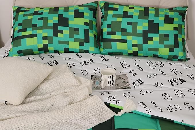 Manfei Pixel Grid Miners Bedding Set Twin Size, Geometric Grid Patchwork Pixelated Comforter Set，Cartoon Gamepad Video Games Quilt Comforter Boys Teens,Cyan Green Room Decor All Season,1 Pillowcase