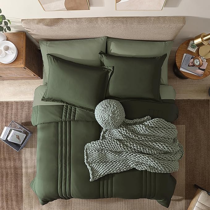 Monbix Queen Comforter Set - 7 Pieces Olive Green Bed in a Bag Queen Bedding Sets with Comforters, All Seasons Comforter Bed Set with Sheets, Pillowcases & Shams
