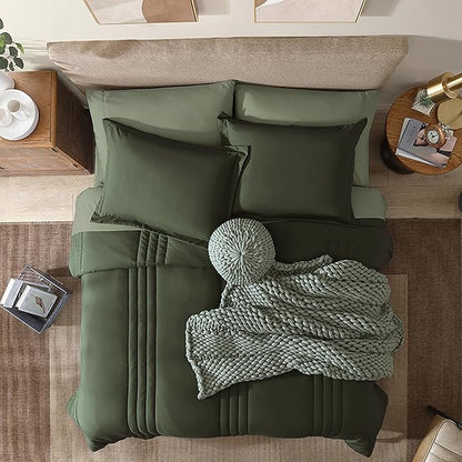 Monbix Full Comforter Set - 7 Pieces Olive Green Bed in a Bag Full Size Bedding Sets with Comforters, All Seasons Comforter with Sheets, Pillowcases & Shams