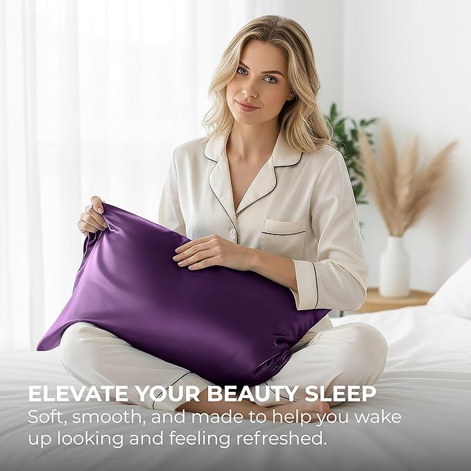 Pure Bedding Satin Pillowcase - Silky Pillow Cases for Hair and Skin - Satin Pillow Covers with Envelope Closure - Extra Soft Premium Microfiber - Pack of 2 - Queen Size (20"x30", Purple)