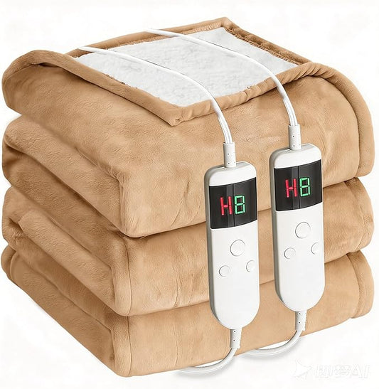 Electric Heated Blanket Queen Size 84''x90'' - Dual-Control Heating Blanket, Soft & Warm Flannel 10-Level Temperature Control, 8 Hours Auto Off, Rapid Heating & Overheat Protection