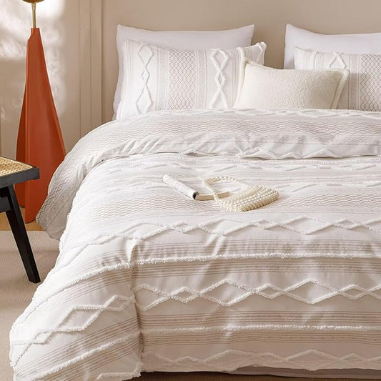Houseri Tufted Comforter Set Queen Beige Jacquard Bedding Sets