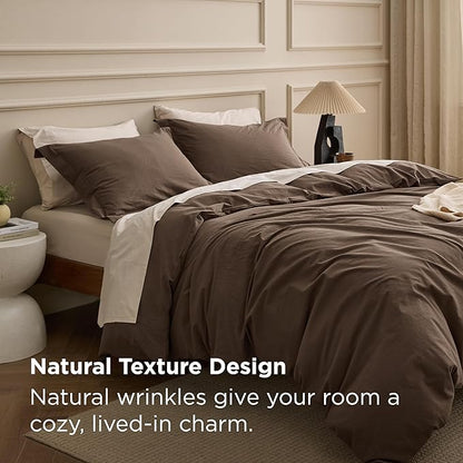 Bedsure 100% Washed Cotton Duvet Cover Queen Size - Brown Minimalist Bedding Set Linen Like - PureWoven Plain Simple & Soft Comforter Cover for All Seasons (Brown, Queen, 90"x90")