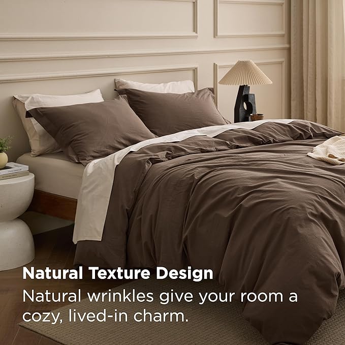 Bedsure 100% Washed Cotton Duvet Cover Oversized King - Brown Minimalist Bedding Set Linen Like - PureWoven Plain Simple & Soft Comforter Cover for All Seasons (Brown, Oversized King, 120"x98")