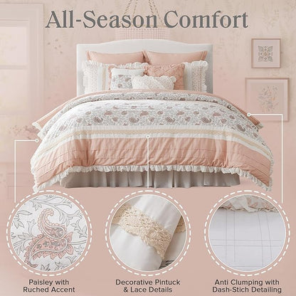 Madison Park Dawn 100% Cotton Shabby Chic Comforter Set-Modern Cottage Design All Season Down Alternative Bedding, Matching Shams, Bedskirt, Decorative Pillows, King(104"x92"), Blush 9 Piece