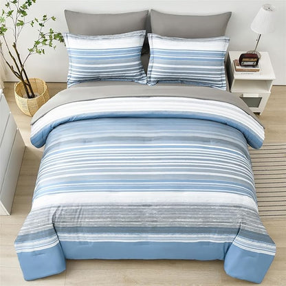 KAKIJUMN 7 Piece Bed in a Bag Stripe Comforter Set Queen Size, White Grey Blue Patchwork Striped Comforter and Sheet Set, All Season Soft Microfiber Complete Bedding Set(Light Blue,Queen)