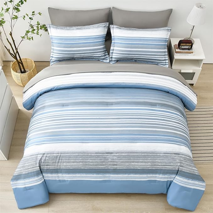 KAKIJUMN 7 Piece Bed in a Bag Stripe Comforter Set Full Size, White Grey Blue Striped Comforter and Sheet Set, All Season Soft Microfiber Complete Bedding Set(Light Blue,Full)