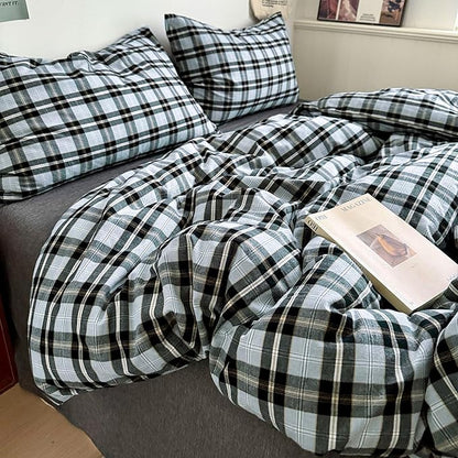 LifeTB 3 Pieces Plaid Comforter Set Full Size, Soft Fluffy Vintage Plaid Checkered Comforter with 2 Pillowcases, Lightweight Breathable Grey Black Gingham Bedding Comforter Farmhouse Grid Bedding Set