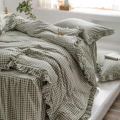 mixinni Green Gingham Ruffle Duvet Cover Queen Size 3 Pieces – 100% Washed Cotton, Vintage Plaid Ruffled Bedding Set with Zipper Ties, Soft Checkered Grid Farmhouse Chic Comforter Cover Set