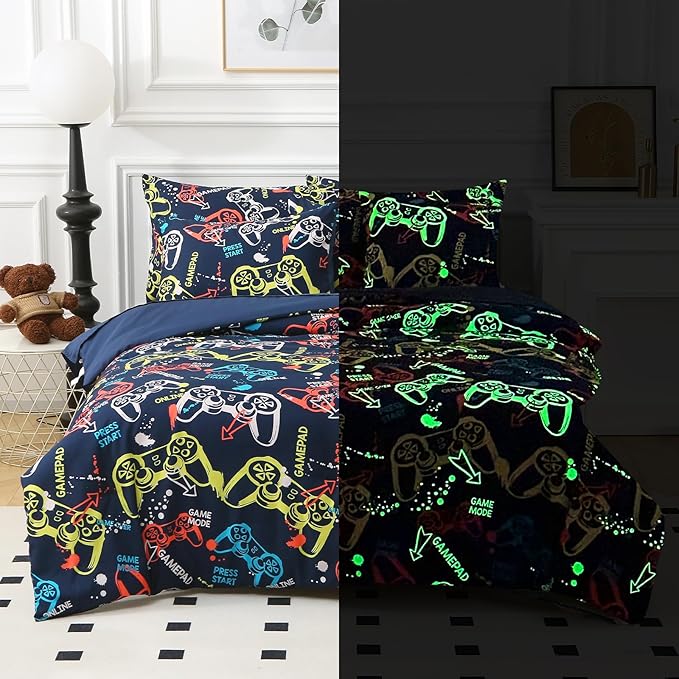 Glow in The Dark Kids Comforter Set, 7 Pieces Gamepad Pattern Bedding Set Full Size for Boys Girls Teen, 1 Comforter, 1 Pillowcase, 2 Pillow Shams