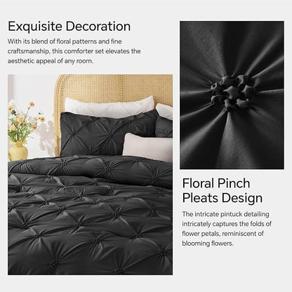 BEDELITE Black Comforter Set Queen - 3 Pieces Boho Pintuck Bedding Comforter Sets, Lightweight Soft & Warm Bed Comforter Queen with 2 Pillowcases for All Season