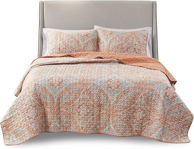 Comfort Spaces Reversible Quilt Set-Vermicelli Stitching Design All Season, Lightweight, Coverlet Bedspread Bedding, Matching Shams, King (104 in x 90 in), Gloria Damask Coral 3 Piece