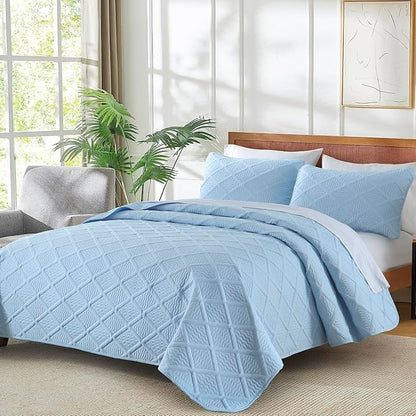 Yiran Ash Blue Quilt Set Queen Size, 3 Piece Reversible Bedspreads Bedding Set, Fall Diamond Pattern Coverlet for All Season with 2 Pillow Shams (Full/Queen, 96x90 Inch)