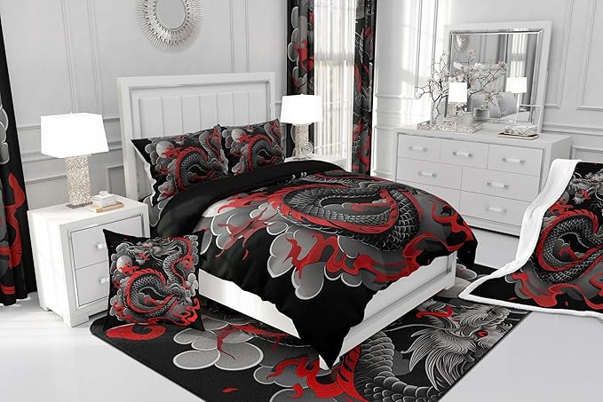 Feelyou Dragon Bedding Set Toddler Size Kids Japanese Ukiyoe Comforter Cover Set Japanese Style 3D Dragon Anime Ancient Wildlife Sun Duvet Cover Black Bedspread Cover Quilt Cover,No Comforter