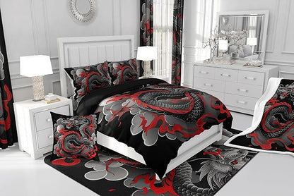 Feelyou Dragon Bedding Set Queen Size Kids Japanese Ukiyoe Comforter Cover Set Japanese Style 3D Dragon Anime Ancient Wildlife Sun Duvet Cover Black Bedspread Cover Room Decor Quilt Cover,No Comforter