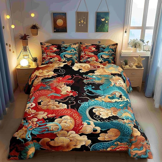 Castle Fairy Propitious Cloud Boys Girls Comforter Set Full Size,Chinese Loong Duvet Set Teens Bedroom Decor,Dragon Exotic Chinese Style Microfiber Soft Bedding