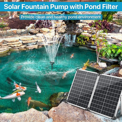 55W Solar Fountain Pump with Pond Filter Box, Solar Pond Pump 580GPH Adjustable Flow, Pond Filters for Outdoor Ponds Fish Tank Pool Waterfall Koi Pond Water Features