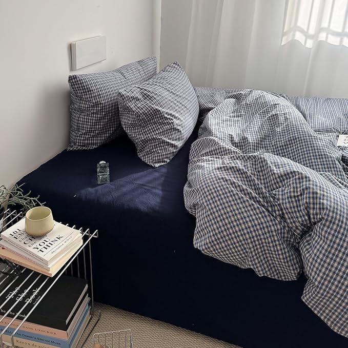 EAVD Vintage Blue Plaid Gingham Duvet Cover Queen Soft 100% Washed Cotton Reversible Grid Plaid Checkered Gingham Bedding Set with 2 Pillowcases Farmhouse Blue Plaid Duvet Cover with Zipper