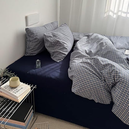 EAVD Vintage Blue Plaid Gingham Duvet Cover Queen Soft 100% Washed Cotton Reversible Grid Plaid Checkered Gingham Bedding Set with 2 Pillowcases Farmhouse Blue Plaid Duvet Cover with Zipper