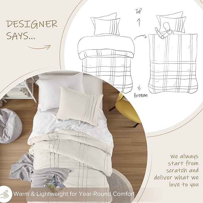 Comfort Spaces Cream King Size Comforter Set - 3 Pieces Pintuck Pleated Bedding Sets, All Season Lightweight, Extra Softness Pre-Washed Microfiber King Bed Set, Shams