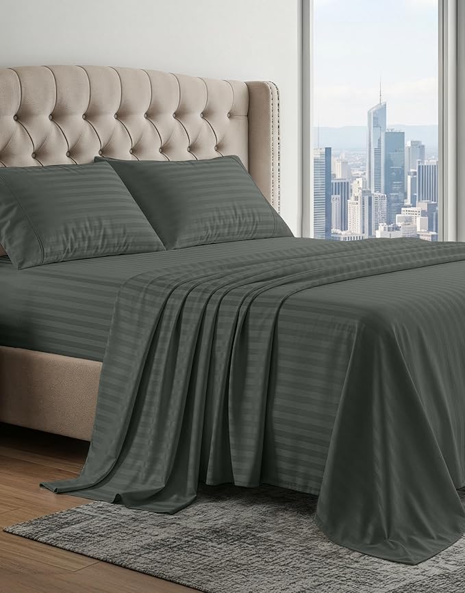 LANE LINEN 100% Egyptian Cotton King Sheets Set, Soft & Comfy Sateen Weave Mercerized Cotton Sheets King, Fully Elasticized Reinforced French Seam Fitted King Bed Sheets Damask Stripe – Dark Grey