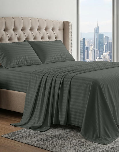 LANE LINEN 100% Egyptian Cotton King Sheets Set, Soft & Comfy Sateen Weave Mercerized Cotton Sheets King, Fully Elasticized Reinforced French Seam Fitted King Bed Sheets Damask Stripe – Dark Grey