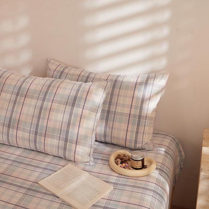 Plaid King Comforter Sets Fluffy Washed Cotton Bedding Set Down Alternative Boho Vintage Soft Bedding Comforter Sets All Season Cute Farmhouse Washable Bed Comforter with 2 Pillowcases