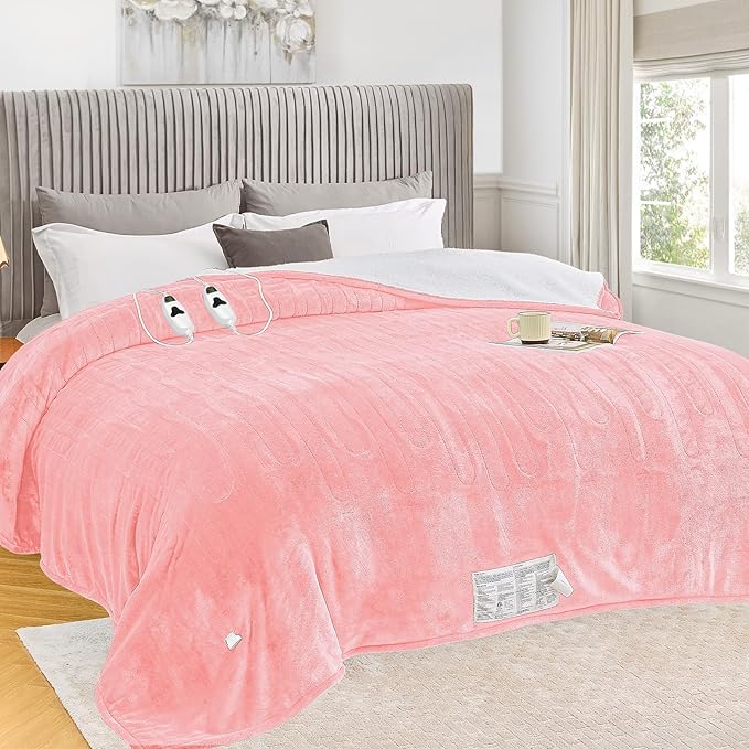 greenoak Heated Blanket Electric Queen Size 84"X90" Dual Control, Heating Blanket with 10 Heat Levels 1/2/4/6/8 Hours Auto-Off,Sherpa Warm Christmas Blanket,Light Pink
