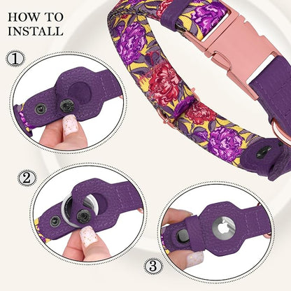 AirTag Dog Collar for Small Medium Large Breed - Adjustable Cute Pattern Dog Collar with Airtag Holder - Soft Leather Tracker GPS Apple Air Tag Pet Collars (Medium, 14"-18" Neck Fit, Peonies)