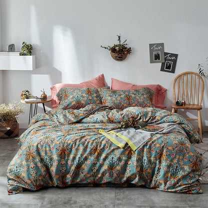 VM VOUGEMARKET Green Flower Duvet Cover Set Twin,Aesthetic Boho Bedding Set Percale Cotton Royal Floral Comforter Cover with Zipper Closure