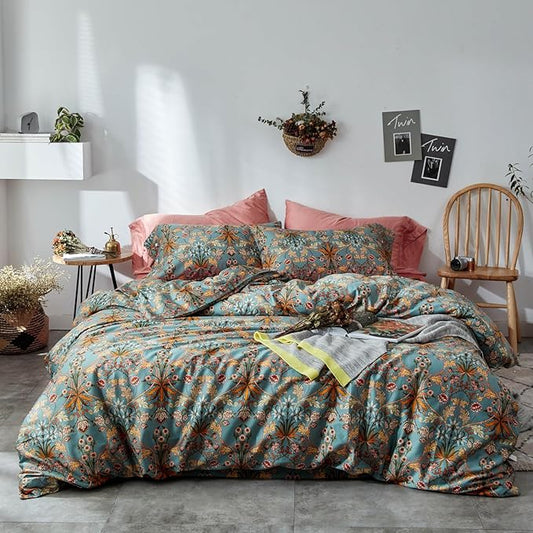 VM VOUGEMARKET Green Flower Duvet Cover Set Twin,Aesthetic Boho Bedding Set Percale Cotton Royal Floral Comforter Cover with Zipper Closure