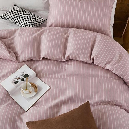 Bedbay Dusty Rose Striped Duvet Cover Set Queen Size, 100% Cotton Sateen Bedding Set, 300TC Soft Minimal Hotel Style Comforter Cover 3 Pieces for All Seasons