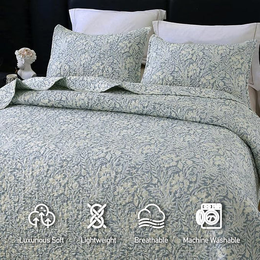 DURLENGEN Quilt Set Queen Size 3Pcs, Bluish Grey Printed with Beige Leaves Pattern,Soft Microfiber Lightweight Bedspread for All Season Layering(Queen 90x96,Beige Botanical)