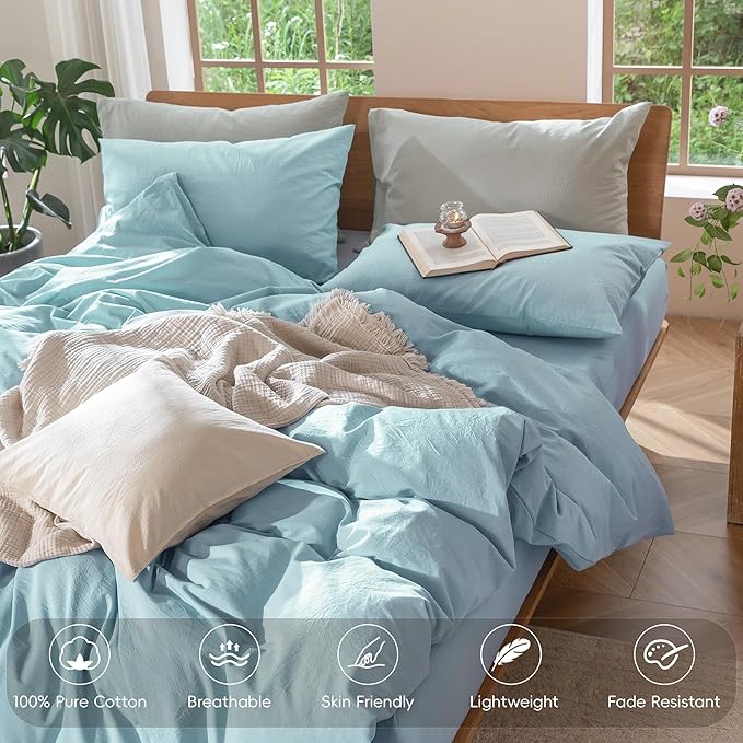 MooMee Bedding Duvet Cover Set 100% Washed Cotton Linen Like Textured Breathable Durable Soft Comfy (Heathered Light Blue, Queen 90"x90")