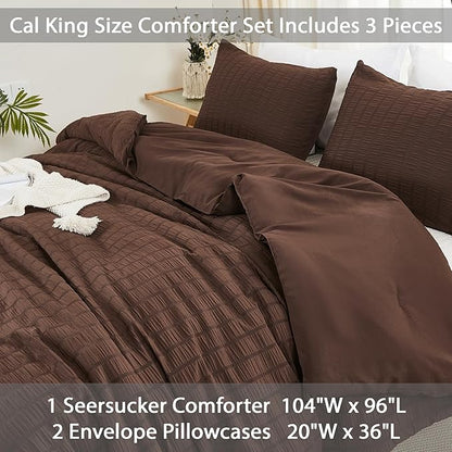 AveLom Brown Seersucker California King Comforter Set (104x96 inches), 3 Pieces-100% Soft Washed Microfiber Lightweight Comforter with 2 Pillowcases, All Season Down Alternative Bedding Set