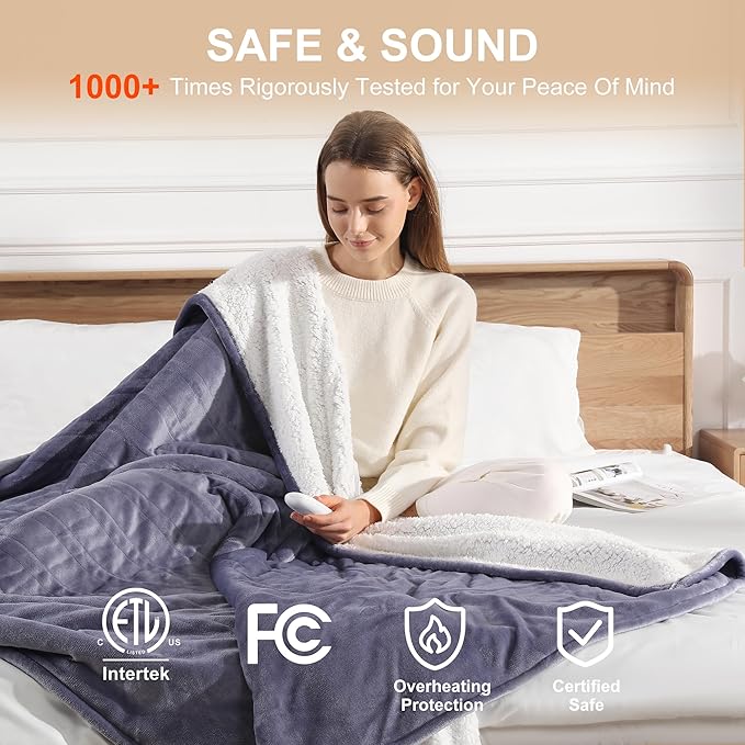 Heating Blankets Heated Throw 50''X60'' - Purple Heated Blanket Flannel Sherpa Double Sided Electric Blanket with 5 Heat Settings & 4 Hours Auto-Off, Small Electric Throw for Grandma Gifts(Lavender)
