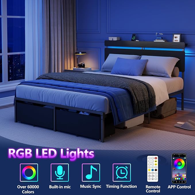 Forestell Full Size Bed Frame with Wood Headboard,2 Storage Drawers & Shelf | Built-in Charging Station & LED Lights, Metal Support, No Box Spring Needed, noise-free, easy assembly, Smart RGB, USB+Type-C