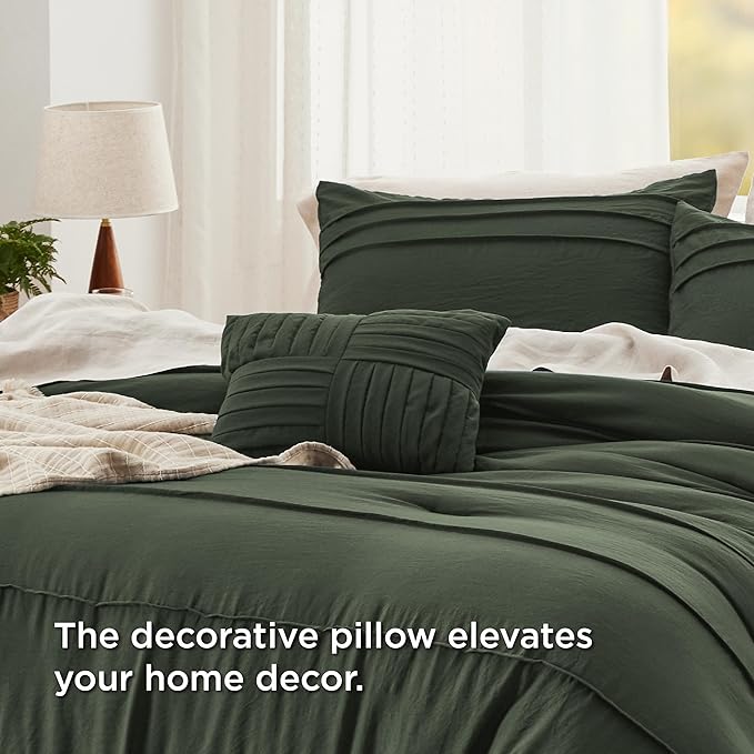Bedsure Queen Comforter Set - 4 Pieces Pinch Pleat Bed Set, Olive Green Boho Bedding for All Season, 1 Soft Comforter, 2 Pillowcases, 1 Decorative Pillow