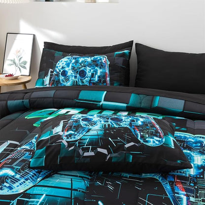 Aimuan Gamer Gaming Bedding Sets 3D Gamepad Comforter Sets for Boys Games Console Action Buttons Novelty Colorful Game Controller Modern Room Decor Home Quilt Set (Cyan, Full 6PCS)
