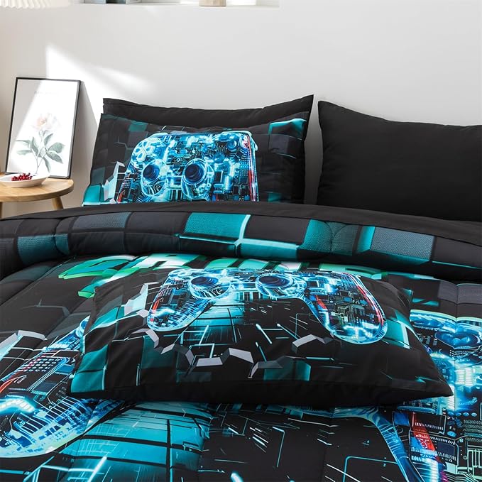 Aimuan Gamer Gaming Bedding Sets 3D Gamepad Comforter Sets for Boys Games Console Action Buttons Novelty Colorful Game Controller Modern Room Decor Home Quilt Set (Cyan, Twin 3PCS)