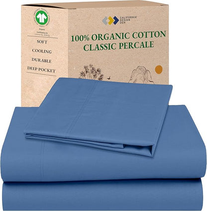 California Design Den Twin Sheet Set - Soft 100% Organic Cotton Percale Sheets, Crisp and Cool, Deep Pockets with Anti-Skid Elastic, Breathable and Durable Bedding Set - Riviera Blue