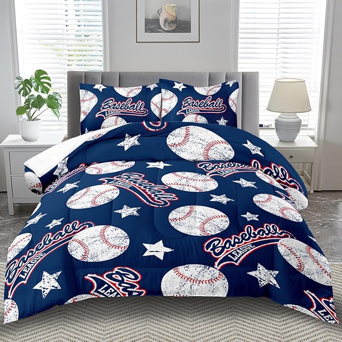 Baseball Comforter Set Full,Sports Bedding Sets for Boys,Blue Sports Comforter Full Bedroom Decor,Baseball Bedding Teen for All Seasons,Blue Quilt Kids Bedroom Decor