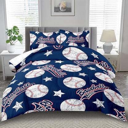 Baseball Comforter Set Full,Sports Bedding Sets for Boys,Blue Sports Comforter Full Bedroom Decor,Baseball Bedding Teen for All Seasons,Blue Quilt Kids Bedroom Decor