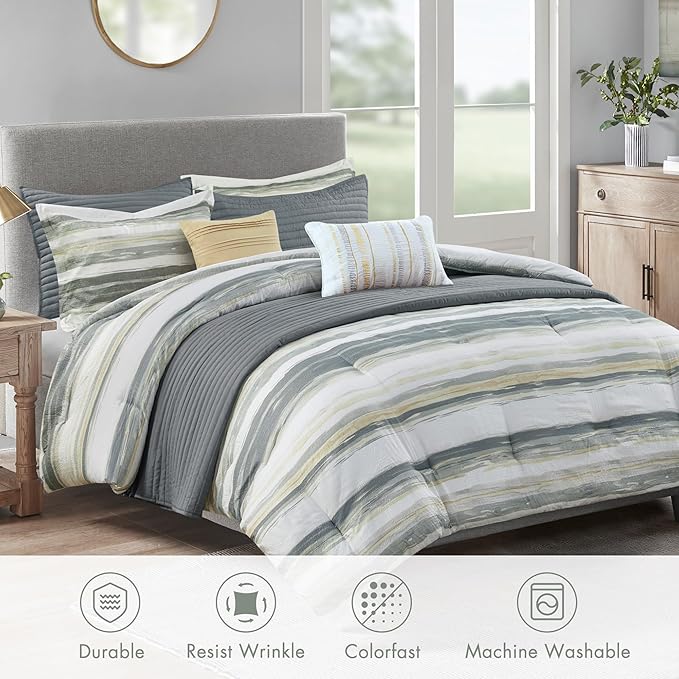 Madison Park Marina Comforter Quilt Combo Set - Modern Luxury Design, All Season Down Alternative Bedding, Matching Shams, Decorative Pillows, Full/Queen(90"x90"), Yellow 8 Piece